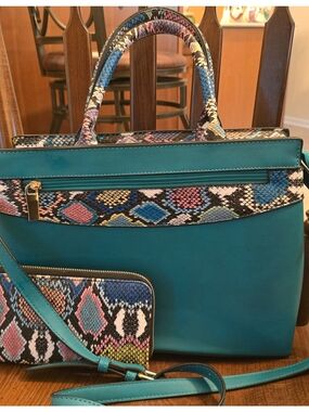 Teal Snake-Print Accent Tote Bag